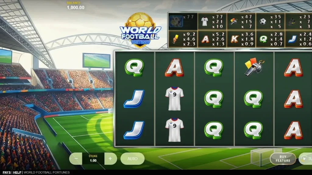 World Football Fortunes slot game interface featuring stadium background and football symbols