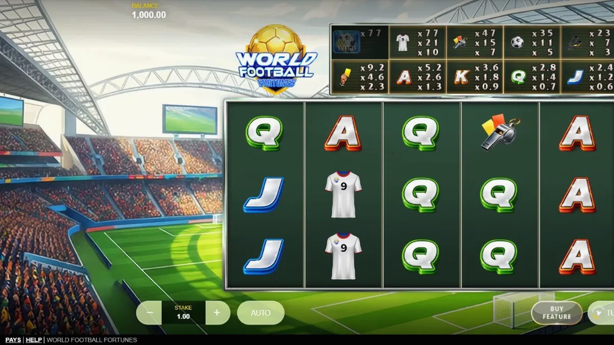World Football Fortunes slot game interface featuring stadium background and football symbols