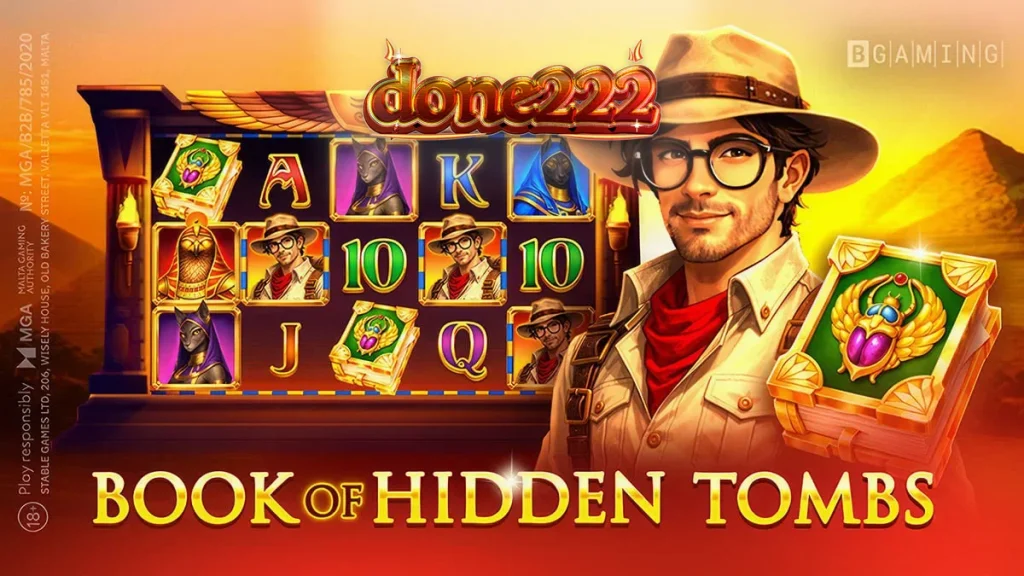Book of Hidden Tombs سلاٹ کا ایک منظر جس میں قدیم مصری علامات دکھائی دے رہی ہیں۔
