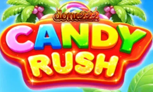 Candy Rush slot game interface featuring vibrant tropical candy themes and a 7x7 grid.