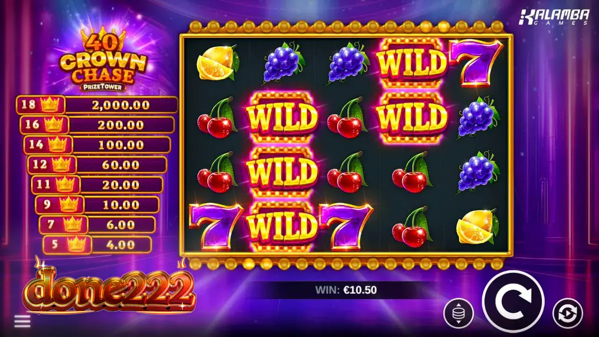 40 Crown Chase PrizeTower slot game interface featuring royal crown symbols and vibrant fruit icons.